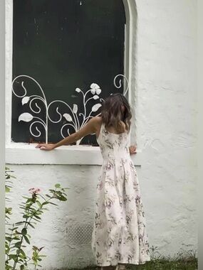 🌸✨ H&M x Brock Collection Floral Criss Cross Back Midi Dress Cream Size S NWT